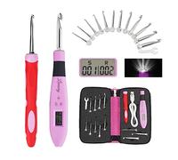 Lirmiery Counting Crochet Hook Set Digital Ergonomic Hook-LED and 2 Levels Brightness Dimmable Light Up Hooks& Stitch Counter,Beginner Knitting Kit with 12 Interchangeable Hooks, pink