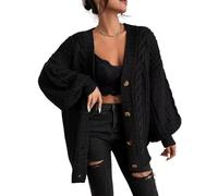 LIROMA Chunky Cardigans For Women Plus Size,Cable Knit Long Cardigan Open Front Balloon Sleeve Ladies V Neck Sweater Coat Autumn Winter Warm Knitwear Jacket Jumper Outerwear,Black,One Size Fit S,Xl