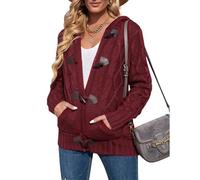 LIROMA Chunky Hooded Cardigans For Women,Burgundy Cable Fleece Lined Knitted Cardigans Open Front Horn Buckle Ladies Sweater Coat Winter Warm Jacket Knitting Jumpers Outerwear,Xl