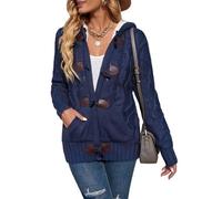 LIROMA Chunky Hooded Cardigans For Women,Navy Blue Cable Fleece Lined Knitted Cardigans Open Front Horn Buckle Ladies Sweater Coat Winter Warm Jacket Knitting Jumpers Outerwear,L