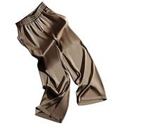 LIROMA Ladies Trousers, Womens Satin Wide Leg Trousers Fashion Plain Elasticated High Waist Palazzo Trousers Elegant Loose Cropped Trousers Casual Office Pants Straight Leg Pants Bottoms,Coffee,S