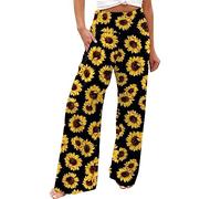 LIROMA Ladies Trousers, Womens Wide Leg Trousers Retro Yellow Sunflower Print Elast High Waist Palazzo Trousers Summer Casual Loose Straight Leg Pants Boho Beach Trousers Oceanside Pants,M