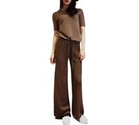 LIROMA Women Winter Wide Leg Knit Pants Casual Lounge Pants Ribbed Wool Blend Straight Leg Pants Elegant Palazzo Pants with Drawstring Waist