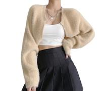 LIROMA Womens Bolero Shrug Cropped Cardigan,Fluffy Fleece Knit Cardigans Open Front Ladies Sweater Coat Autumn Winter Elegant Soft Knitwear Jumper Shrug Cardigan Tops,Apricot,One Size Fits S,M