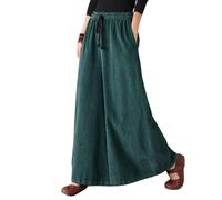 LIROMA Women'S Corduroy Cotton Trousers,Dark Green High Wasit Drawstring Culottes Pants Plus Size Vintage Cord Wide Leg Trousers Winter Warm Fleece Lined Baggy Pants Bottoms,Xl