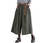 LIROMA Women'S Corduroy Trousers Wide Leg,Armygreen Vintage Elasticated Waist Cropped Trousers Elegant Culottes Pants Winter Baggy Palazzo Trousers Lounge Bottoms With Belt