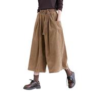 LIROMA Women'S Corduroy Trousers Wide Leg,Brown Vintage Elasticated Waist Cropped Trousers Elegant Culottes Pants Winter Baggy Palazzo Trousers Lounge Bottoms With Belt,S
