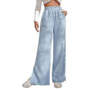 LIROMA Women'S Corduroy Trousers Wide Leg,Light Blue Vintage Elastic High Wasit Palazzo Trousers Casual Pants Ribbing Side Slit Straight Leg Pants Lounge Trousers Bottoms Winter,M
