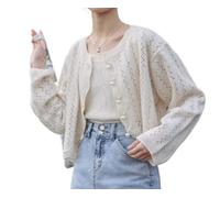 LIRU Cardigan Short Sleeve,Summer Short Coat Round Neck Hollow Out Shrug Women'S Long Sleeves Shrug Pearl Buttons Shoulder Jacket See Through Open Front Cover-Up For Wedding,White,M