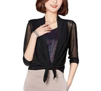 LIRU Women'S Shrugs,Women'S Bolero Shrug Half Sleeves Cardigan Stylish Mesh See-Through Blouse Jacket Front Tie Summer Cardigan Open Front Festival Jacket Office Beach Cover-Ups For Dresses,Black,Xl
