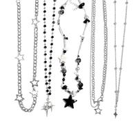LIRUNQIN 5PCS Y2K Gothic Necklace Set - Star Pendant, Beaded Silver Chain, Grunge Emo Jewelry Pack - Alt Accessories for Women- Fairy Grunge, Alternative, Goth & Y2K Jewelry, Zinc, No Gemstone