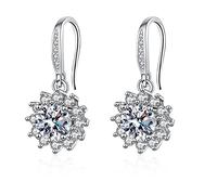 Lirzxin 14K Gold Dangle Earrings for Women, Elegant Flower with Round Moissanite Dangle Earrings for Women White Gold