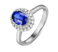Lirzxin 14K White Gold Engagement Rings for Women, Promise Ring for Her Flower 0.5ct Oval Blue Lab Created Sapphire and Moissanite Ring Size R 1/2 White Gold