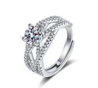 Lirzxin 14K White Gold Promise Rings for Her, Dainty Rings for Women Adjustable Hollow Design 4 Prong Round Moissanite Wedding Bands White Gold Size I 1/2