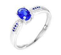 Lirzxin 14K White Gold Promise Rings for Her, Wedding Anniversary Ring for Women Elegant 4 Claw 0.7ct Oval Blue Lab Created Sapphire and Moissanite Ring Size N 1/2 White Gold