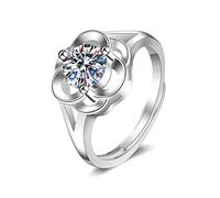 Lirzxin 14K White Gold Ring Women Rings Promise, Dainty Rings for Women Adjustable Hollow Flower Solitaire 1ct Round Lab Diamond Wedding Bands White Gold Size P 1/2