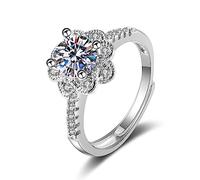 Lirzxin 14K White Gold Ring Women Rings Promise, Women's Ring Engagement Adjustable Luxury Shiny Flower with Round Moissanite Wedding Bands White Gold Size T 1/2