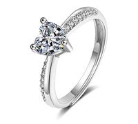 Lirzxin 14K White Gold Rings Band for Women, Dainty Rings for Women Adjustable Elegant Heart and Round Moissanite Wedding Bands White Gold Size N 1/2