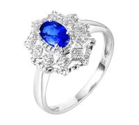 Lirzxin 14K White Gold Wedding Ring for Women, Promise Rings for Her Luxury Flower with 0.80ct Oval Blue Lab Created Sapphire and 0.12ct Moissanite Ring Size S 1/2 White Gold