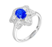 Lirzxin 14K White Gold Wedding Rings for Women, Promise Ring for Her Luxury Flower 1.45ct Oval Blue Lab Created Sapphire and 0.61ct Moissanite Rings Size M 1/2 White Gold