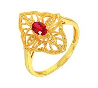 Lirzxin 14K Yellow Gold Ring for Women, Promise Rings for Her Hollow Flower Design with 0.45ct Oval Red Lab Created Ruby and 0.03ct Moissanite Rings Size U 1/2 Yellow Gold