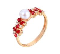 Lirzxin 18K Rose Gold Engagement Rings for Women, Wedding Anniversary Ring Pearl with Flower 0.42ct Waterdrop Red Lab Created Ruby and Moissanite Ring Size T 1/2 Rose Gold