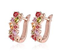 Lirzxin 18K Rose Gold Hoop Earrings for Women, Elegant Colorful Waterdrop Round Ruby Tsavorite Citrine Pink Crystal Huggie Hoop Earrings for Women Rose Gold