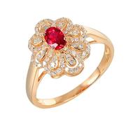 Lirzxin 18K Rose Gold Promise Rings for Her, Simple Engagement Ring for Women Flower with 0.53ct Oval Red Lab Created Ruby and 0.23ct Moissanite Ring Size Q 1/2 Rose Gold