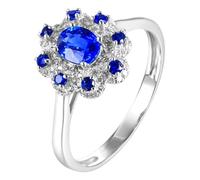 Lirzxin 18K White Gold Engagement Ring for Women, Promise Rings for Her Flower with 0.57ct Oval Blue Lab Created Sapphire and 0.21ct Moissanite Ring Size N 1/2 White Gold