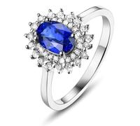 Lirzxin 18K White Gold Engagement Ring for Women, Promise Rings for Her Flower with 1ct Oval Blue Lab Created Sapphire and Moissanite Ring Size V 1/2 White Gold