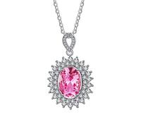 Lirzxin 18K White Gold Necklace Chain for Women, Charm Choker Dainty Necklaces Luxury Flower with Oval Pink Topaz and Lab Diamond Pendant Necklace for Women White Gold