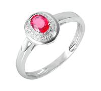 Lirzxin 18K White Gold Promise Rings for Her, Wedding Ring for Women 4 Prong Oval 0.3ct Red Lab Created Ruby and Moissanite Ring Size O 1/2 White Gold