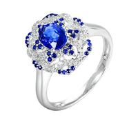 Lirzxin 18K White Gold Promise Rings for Her, Wedding Ring for Women Hollow Flower 0.77ct Oval Blue Lab Created Sapphire and 0.14ct Moissanite Ring Size U 1/2 White Gold