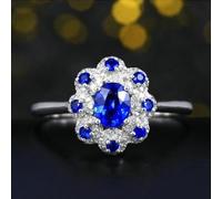 Lirzxin 18K White Gold Promise Rings for Her, Women's Wedding Ring Flower with 0.57ct Oval Blue Lab Created Sapphire and 0.21ct Moissanite Rings Size W 1/2 White Gold