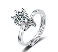 Lirzxin 18K White Gold Ring for Women, Wedding Rings for Women Adjustable Leaf Design Solitaire Heart 6 Claw Round Moissanite Wedding Bands White Gold Size O 1/2
