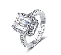 Lirzxin 18K White Gold Ring Women Rings Promise, Dainty Rings for Women Adjustable Open Shiny 4 Prong Rectangular and Round Moissanite Wedding Bands White Gold Size P 1/2