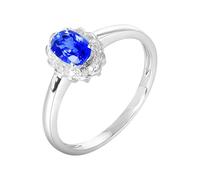 Lirzxin 18K White Gold Rings for Women, Promise Ring for Her Flower with Oval 0.75ct Blue Lab Created Sapphire and Moissanite Ring Size S 1/2 White Gold