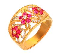 Lirzxin 18K Yellow Gold Engagement Rings for Women, Wedding Ring Women Hollow Flower Design with 0.75ct Red Lab Created Ruby and Moissanite Ring Size Q 1/2 Yellow Gold