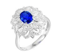 Lirzxin 925 Sterling Silver Promise Ring for Her, Wedding Anniversary Rings for Women Hollow Flower Leaves 1.2ct Oval Lab Created Sapphire and 0.41ct Moissanite Rings Size X 1/2 Silver