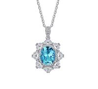 Lirzxin 9K Gold Pendant Necklaces for Women, Charm Choker Dainty Necklaces Luxury Flower Oval Blue Topaz with Moissanite Chain Necklace for Women White Gold