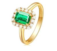 Lirzxin 9K Gold Promise Rings for Her, Wedding Ring for Women Elegant Halo 0.6ct Rectangular Green Lab Created Emerald and Moissanite Rings Size J 1/2 Yellow Gold