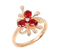 Lirzxin 9K Rose Gold Promise Rings for Her, Wedding Anniversary Ring for Women Flower with 1.33ct Oval Red Lab Created Ruby and Moissanite Rings Size I 1/2 Rose Gold