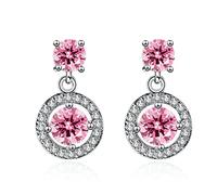 Lirzxin 9K White Gold Dangle Earrings for Women, Hollow Circle with Round Pink Crystal and Diamond Dangle Earrings for Women White Gold