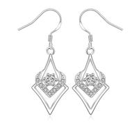 Lirzxin 9K White Gold Earrings for Women, Geometric Rhombus with Round Lab Diamond Dangle Earrings for Women White Gold