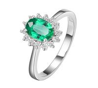Lirzxin 9K White Gold Engagement Rings for Women, Promise Ring for Women Classic Flower 0.85ct Oval Green Lab Created Emerald and Moissanite Ring Size L 1/2 White Gold