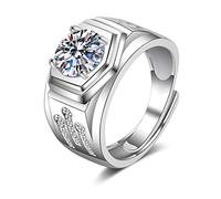 Lirzxin 9K White Gold Rings for Men, Men's Wedding Rings Adjustable Wide Signet Geometric Design with Round Lab Diamond Wedding Bands White Gold Size X 1/2