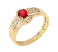 Lirzxin 9K Yellow Gold Engagement Rings for Women, Women's Wedding Ring Hollow Design 4 Prong Oval 0.4ct Red Lab Created Ruby and Moissanite Rings Size T 1/2 Yellow Gold