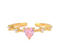 Lirzxin Anniversary Ring Womens Rings Engagement, 14K Gold Promise Rings for Women Adjustable Open Design Heart Pink Lab Created Sapphire and Moissanite Yellow Gold Ring Size S 1/2