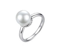 Lirzxin Anniversary Rings for Women White Gold 14K, Women Rings Wedding Polished Round Pearl with Diamond Wedding Bands White Gold Size M 1/2