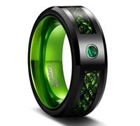 Lirzxin Black Anniversary Ring for Men, Tungsten Carbide Wedding Engagement Rings for Men 8MM Wide Inlay Carbon Fiber and Cubic Zirconia Green Ring Black Size O 1/2